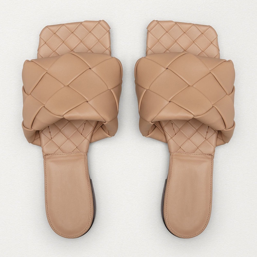 CHIC SQUARE TOE BRAIDED LEATHER SLIDES - APRICOT Size 7